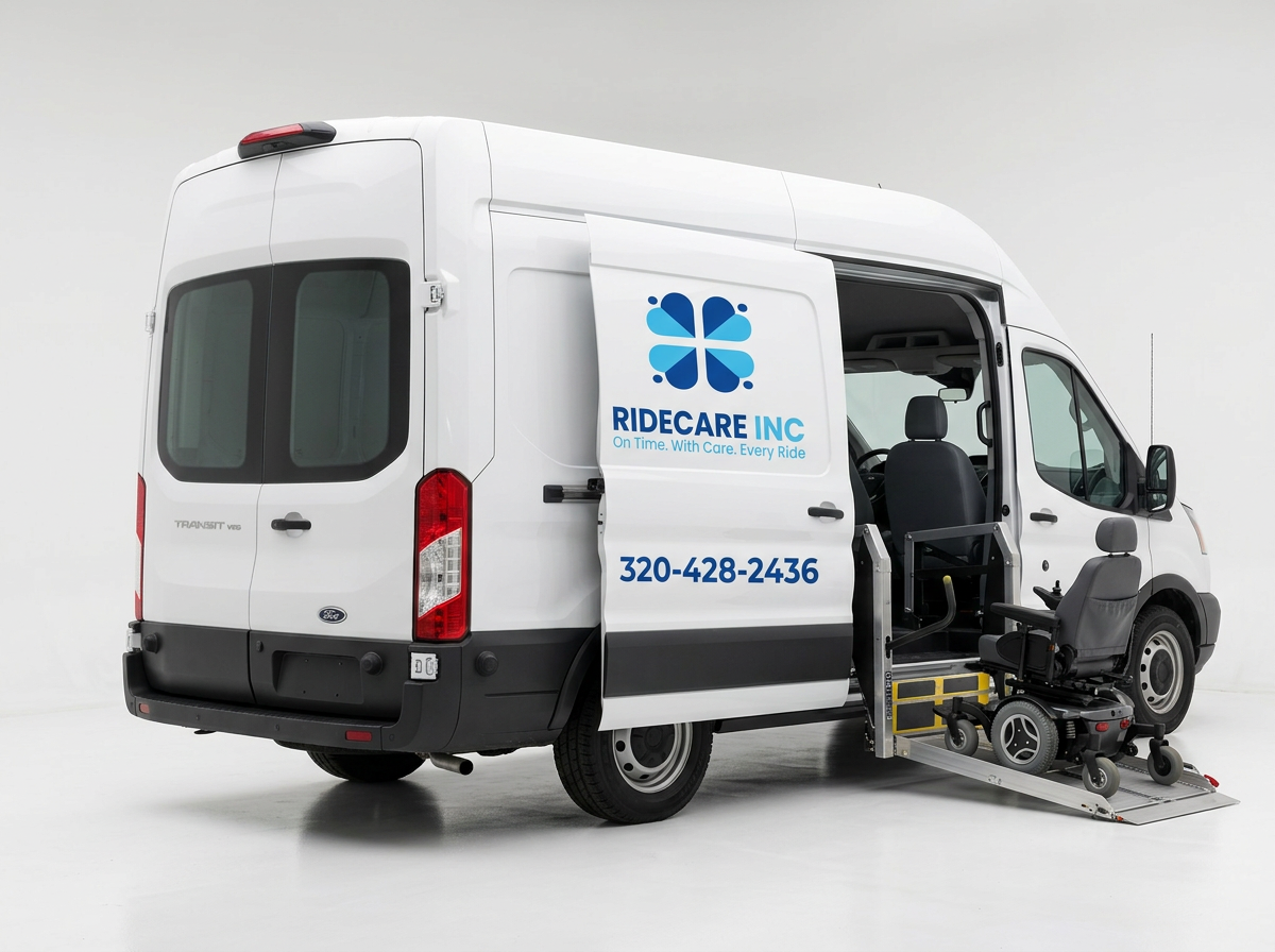 RIDECARE Inc. wheelchair-accessible transit van with side ramp deployed and branded signage