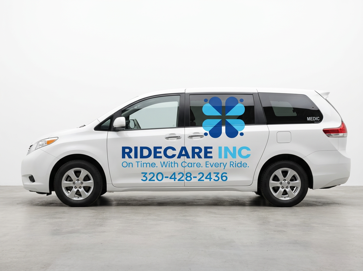 RIDECARE Inc. branded passenger minivan with company logo and phone number on the side